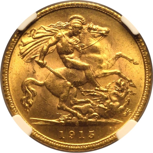 169 - MS 64 | AUSTRALIA. George V, 1910-36. Gold Half-Sovereign, 1915 S. Sydney. Bare head left, with B.M.... 