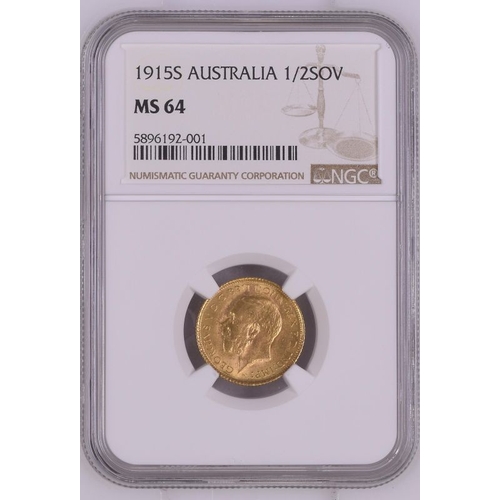 169 - MS 64 | AUSTRALIA. George V, 1910-36. Gold Half-Sovereign, 1915 S. Sydney. Bare head left, with B.M.... 