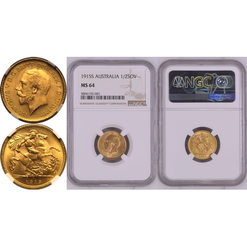 169 - MS 64 | AUSTRALIA. George V, 1910-36. Gold Half-Sovereign, 1915 S. Sydney. Bare head left, with B.M.... 