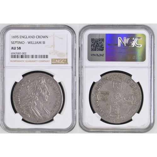 182 - AU 58 | ENGLAND. William III, 1694-1702. Silver Crown, 1695. London. SEPTIMO. First laureate and dra... 