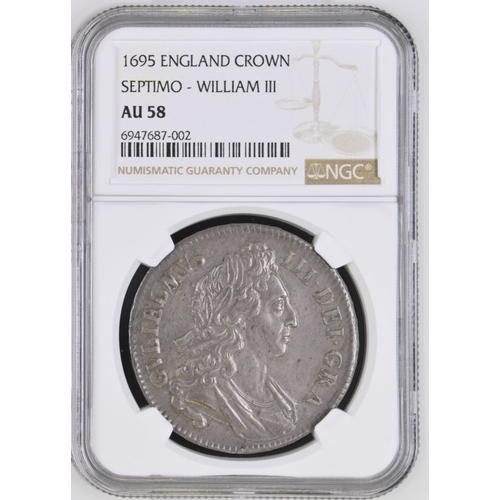 182 - AU 58 | ENGLAND. William III, 1694-1702. Silver Crown, 1695. London. SEPTIMO. First laureate and dra... 