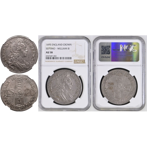 182 - AU 58 | ENGLAND. William III, 1694-1702. Silver Crown, 1695. London. SEPTIMO. First laureate and dra... 