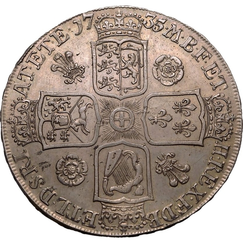 184 - Extremely fine | GREAT BRITAIN. George II, 1727-60. Silver Crown, 1735. Roses & Plumes. Young la... 