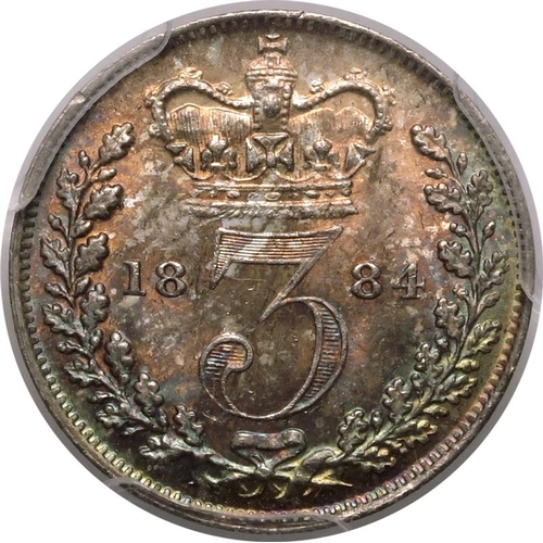 198 - MS65  | UNITED KINGDOM. Victoria, 1837-1901. Silver Threepence, 1884. Royal Mint. Head of Queen Vict... 