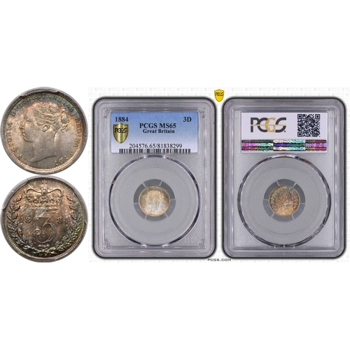 198 - MS65  | UNITED KINGDOM. Victoria, 1837-1901. Silver Threepence, 1884. Royal Mint. Head of Queen Vict... 