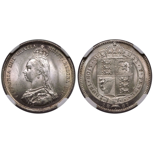 199 - MS 64 | UNITED KINGDOM. Victoria, 1837-1901. Silver Shilling, 1887. Royal Mint. Small Jubilee head o... 