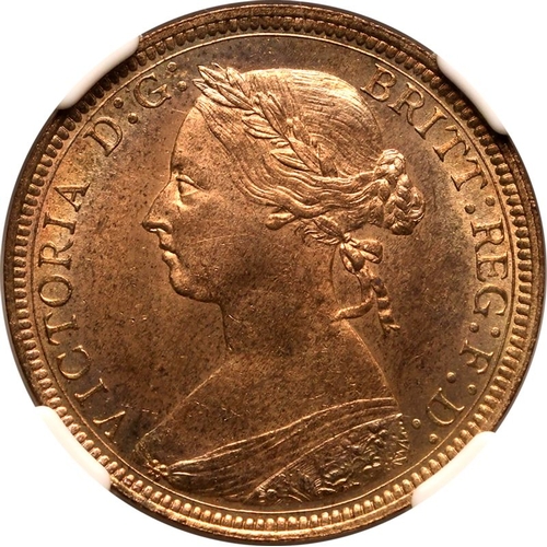 210 - MS 65 RD | UNITED KINGDOM. Victoria, 1837-1901. Bronze Halfpenny, 1887. Royal Mint. Laureate bust of... 