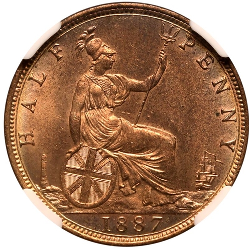 210 - MS 65 RD | UNITED KINGDOM. Victoria, 1837-1901. Bronze Halfpenny, 1887. Royal Mint. Laureate bust of... 