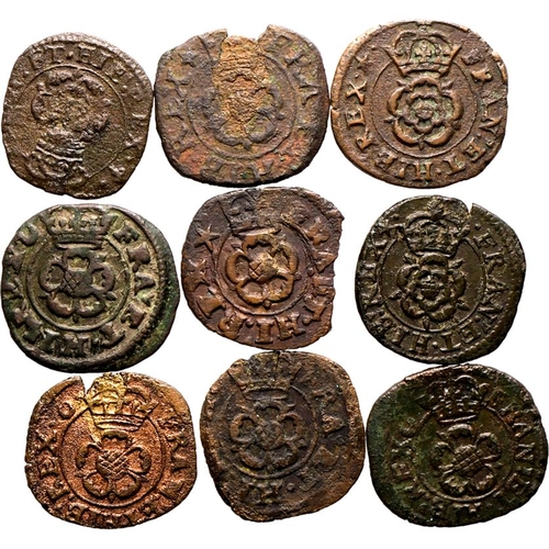 212 - Various conditions | ENGLAND:. Charles I, 1625-49.  x9 Farthing, 1625-49. Rose issue. Types; 1d, 2, ... 