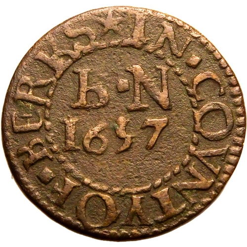 213 - About Very Fine | ENGLAND:. Borough of Newbury.  Farthing Token, 1657. BOROVGH.OF.NEWBERY, around ca... 