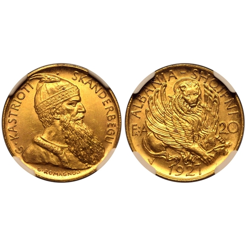 218 - MS 65 | ALBANIA. Ahmet Zogu. Gold 20 Franga, 1927 V. Vienna. Winged Venetian Lion; "ALBANIA - S... 