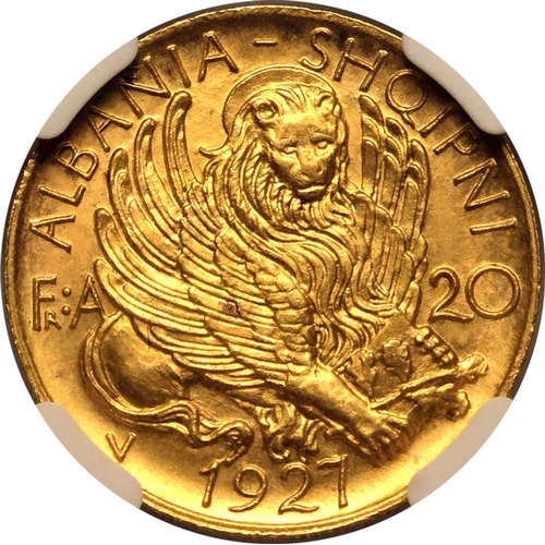 218 - MS 65 | ALBANIA. Ahmet Zogu. Gold 20 Franga, 1927 V. Vienna. Winged Venetian Lion; "ALBANIA - S... 