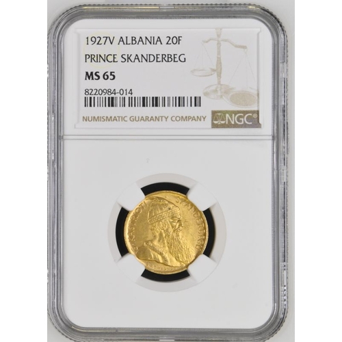 218 - MS 65 | ALBANIA. Ahmet Zogu. Gold 20 Franga, 1927 V. Vienna. Winged Venetian Lion; "ALBANIA - S... 