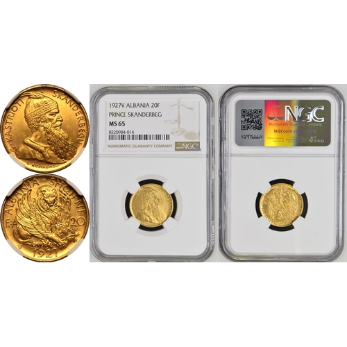 218 - MS 65 | ALBANIA. Ahmet Zogu. Gold 20 Franga, 1927 V. Vienna. Winged Venetian Lion; "ALBANIA - S... 