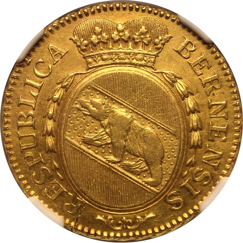 226 - AU 55 | SWITZERLAND. BERN. Republic, 1648-1798. Gold 2 Duplones, 1796. Bern. Crowned, oval arms of B... 