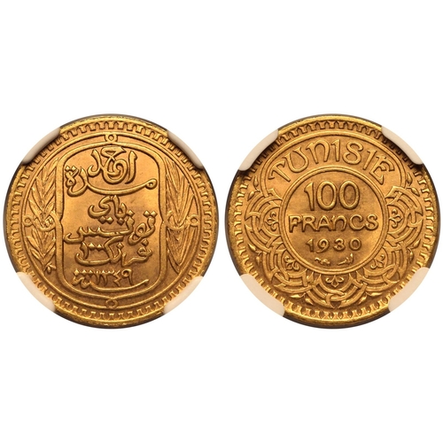 227 - MS 66 | TUNISIA. Ahmad II, 1929-42. Gold 100 Francs, AH 1349 (1930). Paris . Ruler, value and Islami... 