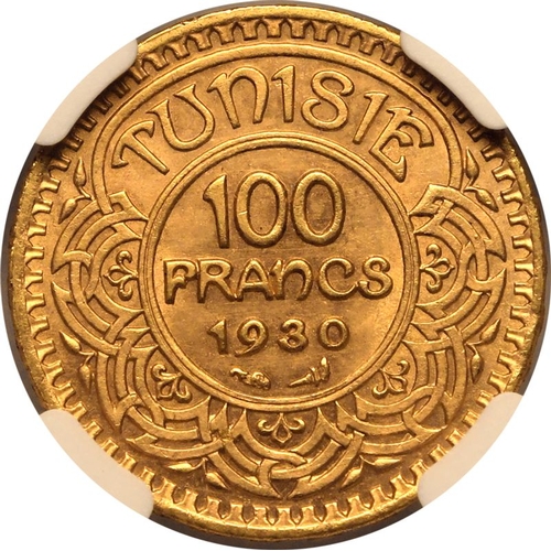 227 - MS 66 | TUNISIA. Ahmad II, 1929-42. Gold 100 Francs, AH 1349 (1930). Paris . Ruler, value and Islami... 