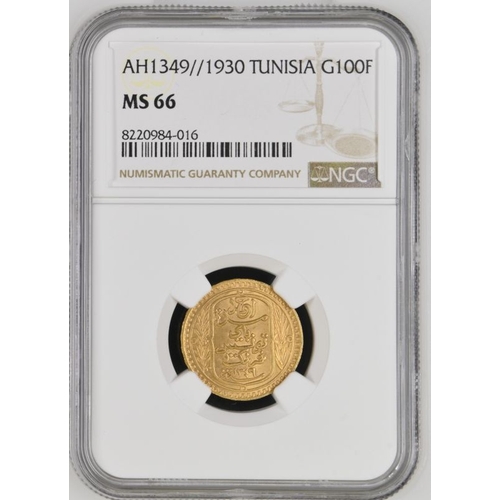 227 - MS 66 | TUNISIA. Ahmad II, 1929-42. Gold 100 Francs, AH 1349 (1930). Paris . Ruler, value and Islami... 