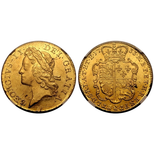 23 - MS 62 | GREAT BRITAIN. George II, 1727-60. Gold Guinea, 1733. London. Larger Lettering. Second (narr... 