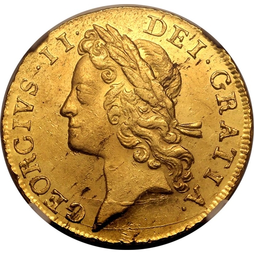 23 - MS 62 | GREAT BRITAIN. George II, 1727-60. Gold Guinea, 1733. London. Larger Lettering. Second (narr... 