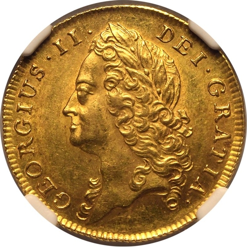 24 - MS 63 | GREAT BRITAIN. George II, 1727-60. Gold Guinea, 1743. London. Intermediate laureate head lef... 