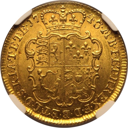 24 - MS 63 | GREAT BRITAIN. George II, 1727-60. Gold Guinea, 1743. London. Intermediate laureate head lef... 