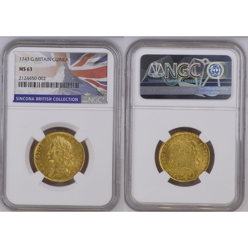 24 - MS 63 | GREAT BRITAIN. George II, 1727-60. Gold Guinea, 1743. London. Intermediate laureate head lef... 