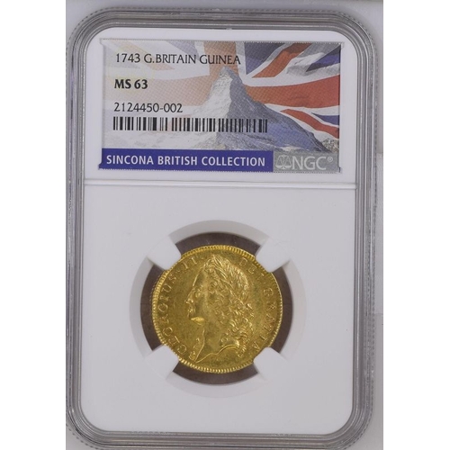 24 - MS 63 | GREAT BRITAIN. George II, 1727-60. Gold Guinea, 1743. London. Intermediate laureate head lef... 