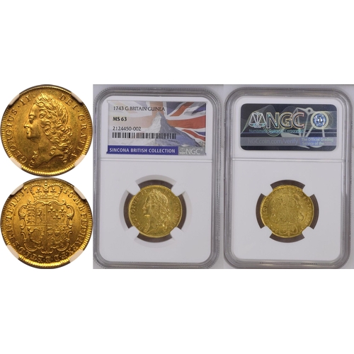 24 - MS 63 | GREAT BRITAIN. George II, 1727-60. Gold Guinea, 1743. London. Intermediate laureate head lef... 