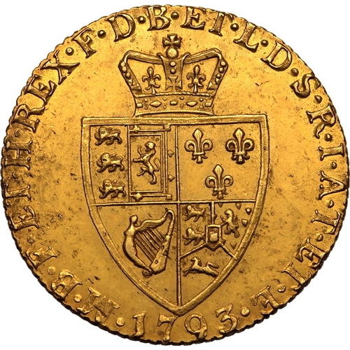 27 - About extremely fine | GREAT BRITAIN. George III, 1760-1820. Gold Guinea, 1793. London. Fifth laurea... 