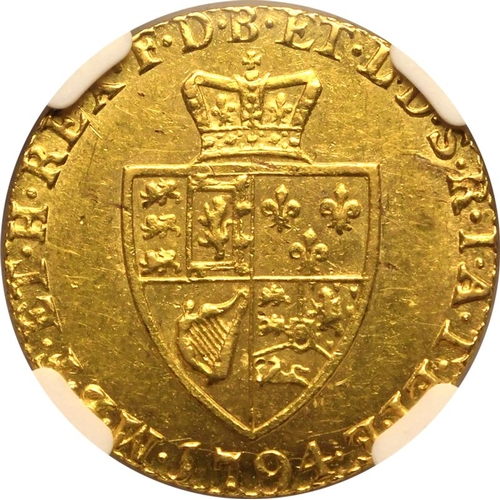 28 - AU 58 | GREAT BRITAIN. George III, 1760-1820. Gold Half-Guinea, 1794. London. Fifth laureate head ri... 