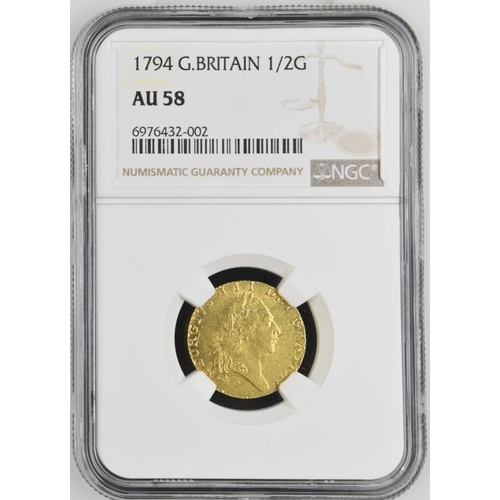 28 - AU 58 | GREAT BRITAIN. George III, 1760-1820. Gold Half-Guinea, 1794. London. Fifth laureate head ri... 