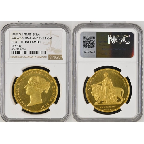 32 - PF 61 ULTRA CAMEO | UNITED KINGDOM. Victoria, 1837-1901. Gold 5 Pounds (5 Sovereigns), 1839. Royal M... 