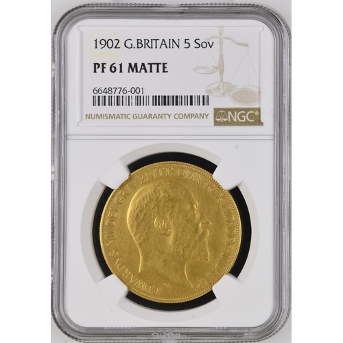 33 - PF 61 MATTE | UNITED KINGDOM. Edward VII, 1901-10. Gold 5 Pounds (5 Sovereigns), 1902. London. Matte... 