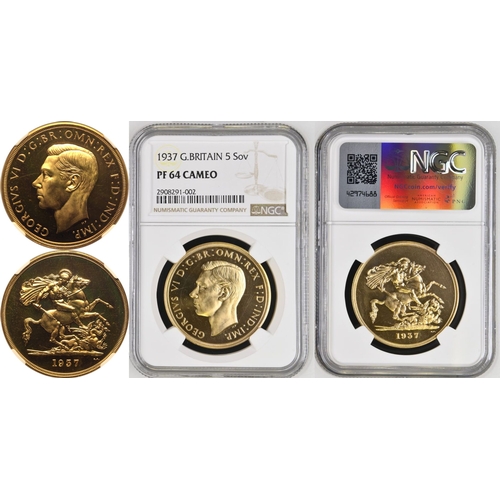 37 - PF 64 CAMEO | UNITED KINGDOM. George VI, 1936-52. Gold 5 Pounds (5 Sovereigns), 1937. Royal Mint. Pr... 