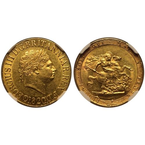 50 - MS 61 | UNITED KINGDOM. George III, 1760-1820. Gold Sovereign, 1820. London. Open 2. Laureate head r... 