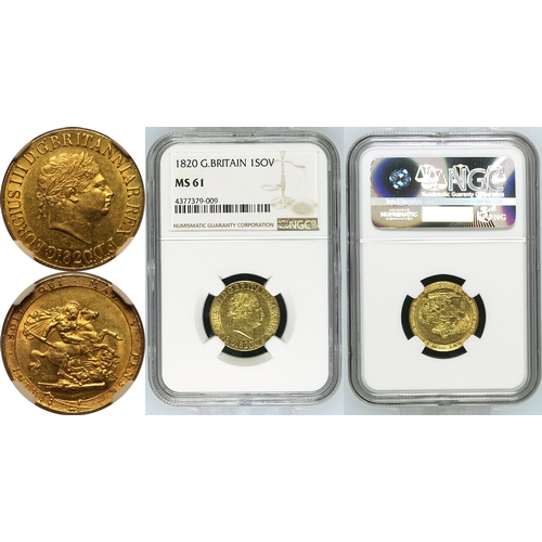 50 - MS 61 | UNITED KINGDOM. George III, 1760-1820. Gold Sovereign, 1820. London. Open 2. Laureate head r... 