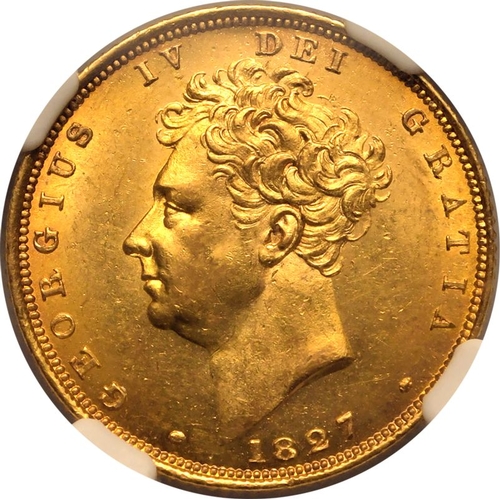 55 - MS 62 | UNITED KINGDOM. George IV, 1820-30. Gold Sovereign, 1827. London. Bare head left; date below... 