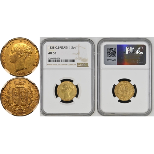 59 - AU 53 | UNITED KINGDOM. Victoria, 1837-1901. Gold Sovereign, 1838. London. First young head of Victo... 