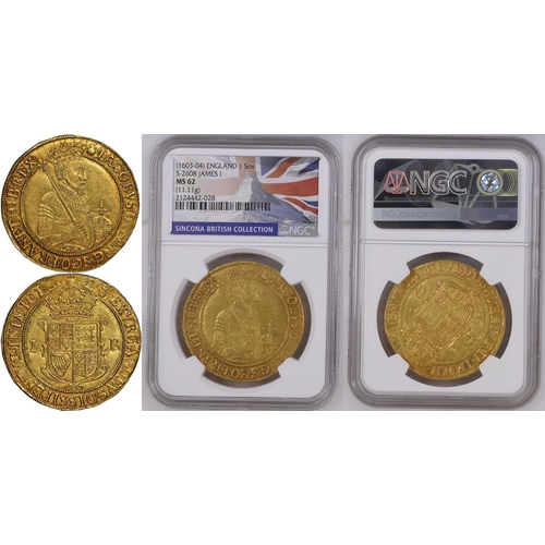 6 - MS 62 | ENGLAND. James I, 1603-25. Gold Sovereign, ND (1603-1604). Tower Mint. Thistle 125. A rare a... 