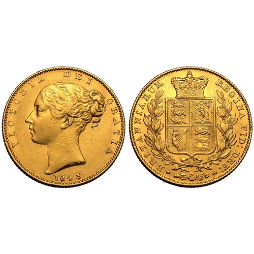 61 - Good very fine | UNITED KINGDOM. Victoria, 1837-1901. Gold Sovereign, 1843. London. First young head... 