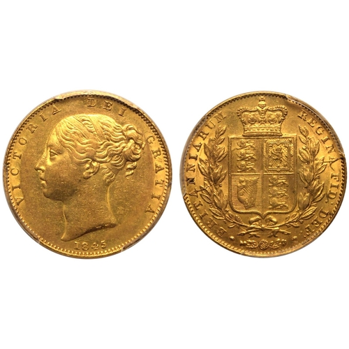 62 - AU55  | UNITED KINGDOM. Victoria, 1837-1901. Gold Sovereign, 1845. London. Roman I. First young head... 