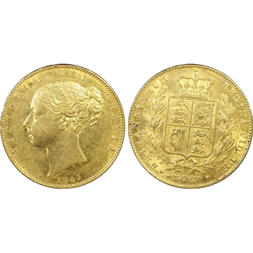 62 - AU55  | UNITED KINGDOM. Victoria, 1837-1901. Gold Sovereign, 1845. London. Roman I. First young head... 