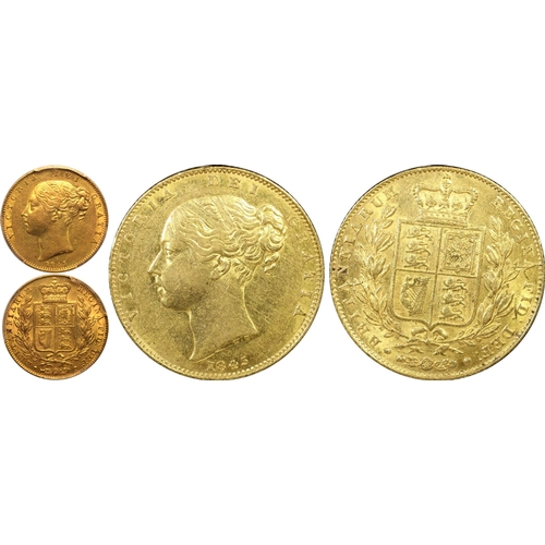 62 - AU55  | UNITED KINGDOM. Victoria, 1837-1901. Gold Sovereign, 1845. London. Roman I. First young head... 