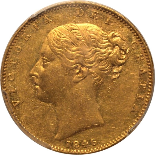 63 - AU53  | UNITED KINGDOM. Victoria, 1837-1901. Gold Sovereign, 1846. London. Roman I. First young head... 