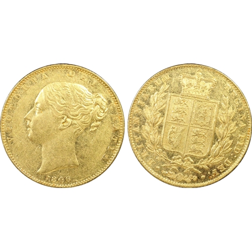 63 - AU53  | UNITED KINGDOM. Victoria, 1837-1901. Gold Sovereign, 1846. London. Roman I. First young head... 