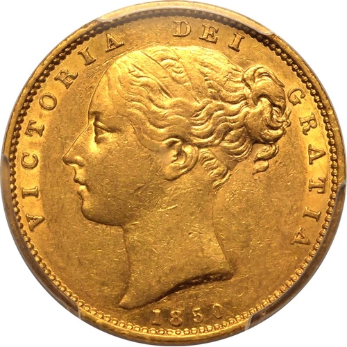 70 - AU55  | UNITED KINGDOM. Victoria, 1837-1901. Gold Sovereign, 1850. London. Inverted A for V. Second ... 