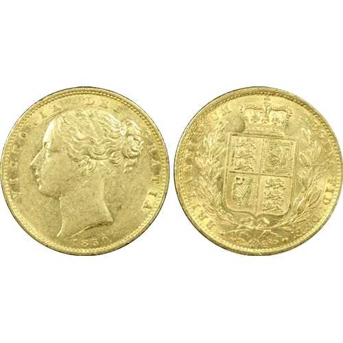 70 - AU55  | UNITED KINGDOM. Victoria, 1837-1901. Gold Sovereign, 1850. London. Inverted A for V. Second ... 