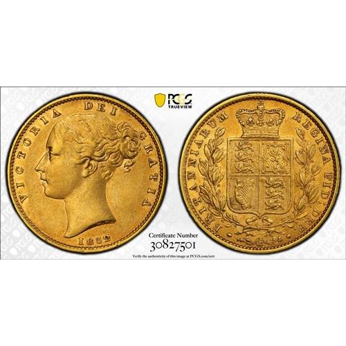 71 - AU53  | UNITED KINGDOM. Victoria, 1837-1901. Gold Sovereign, 1852. London. 1 over inverted 1. Second... 