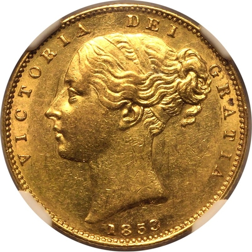 72 - AU 55 | UNITED KINGDOM. Victoria, 1837-1901. Gold Sovereign, 1853. London. WW incuse. The WW incuse ... 